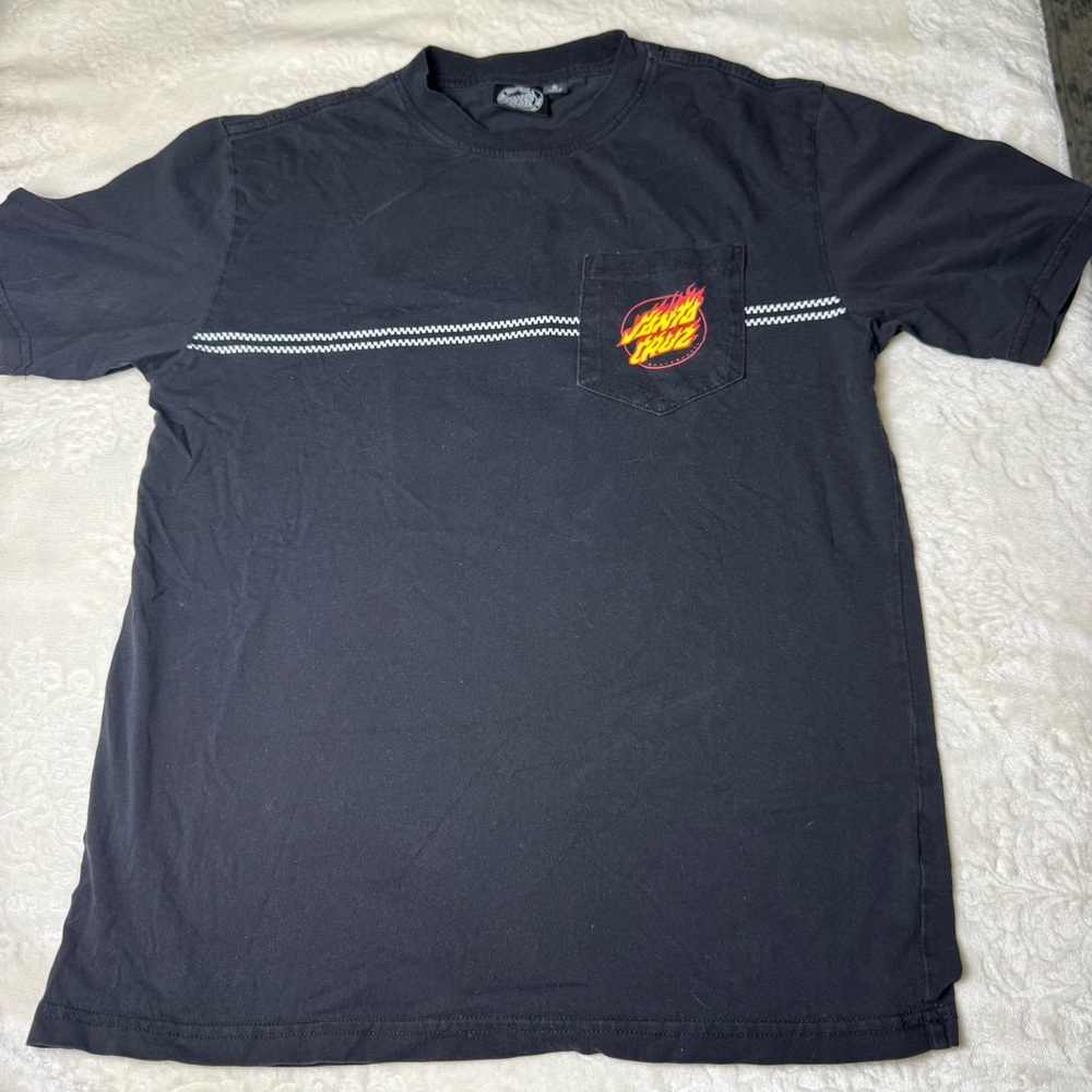 Santa Cruz Skateboards Black Pocket Tee with Red-Yellow Flame Logo